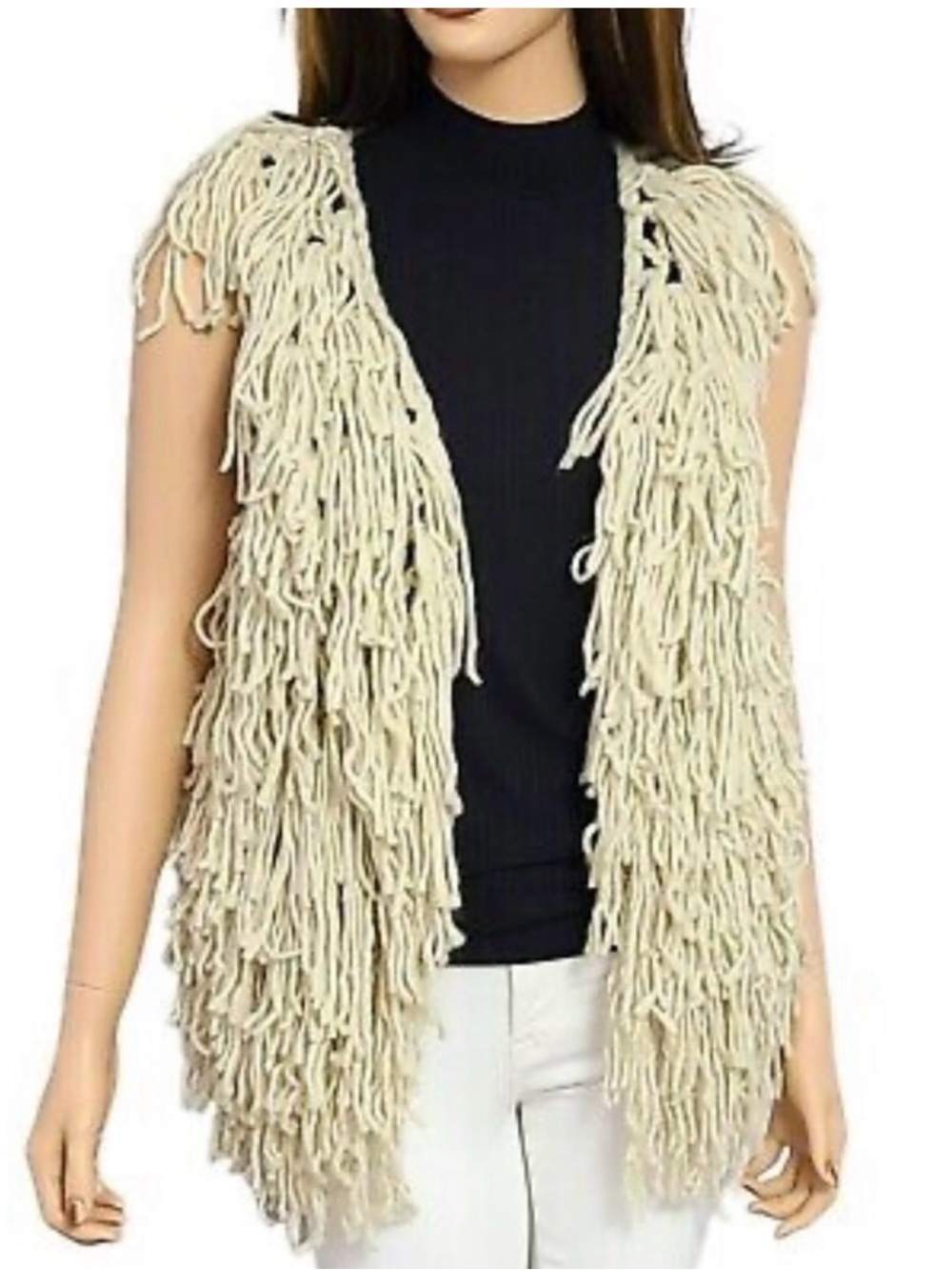 ECOTE Cream Wool Blend  Layered Fringe Shaggy Knit Zip Up Hoodie Vest Sz M NWT